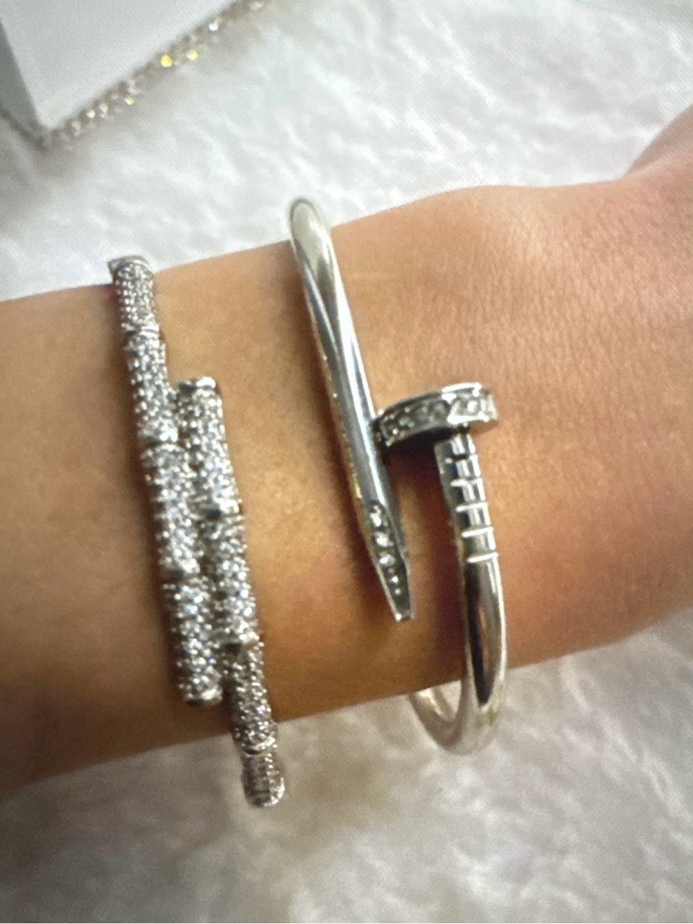 Silver Nail-Style Cuff Bracelet with Pavé Crystals - Silver 2 pieces